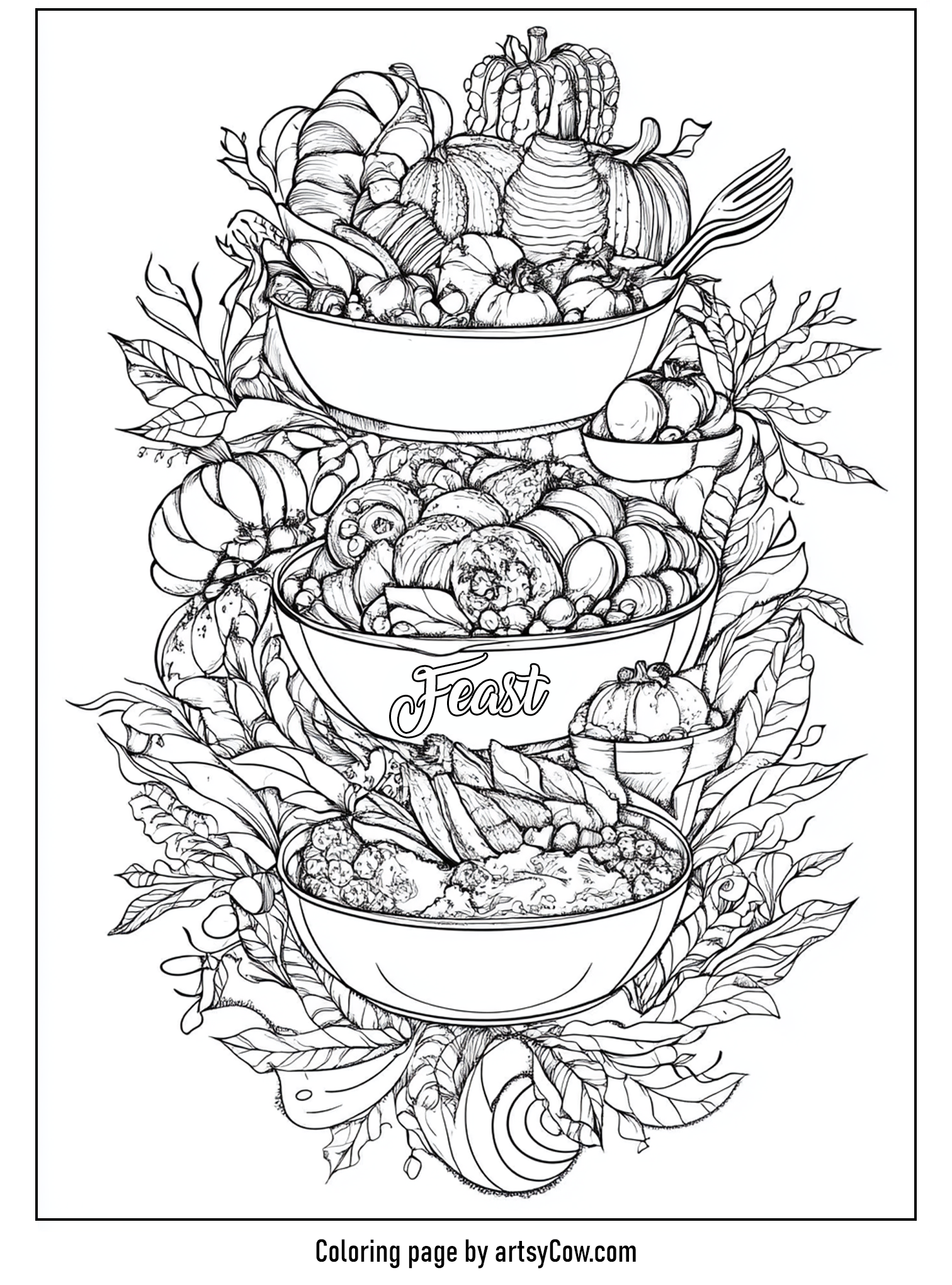 thanksgiving coloring pages for adults featuring a beautifully detailed Thanksgiving dinner spread with bowls of harvest vegetables and the word 'Feast'.